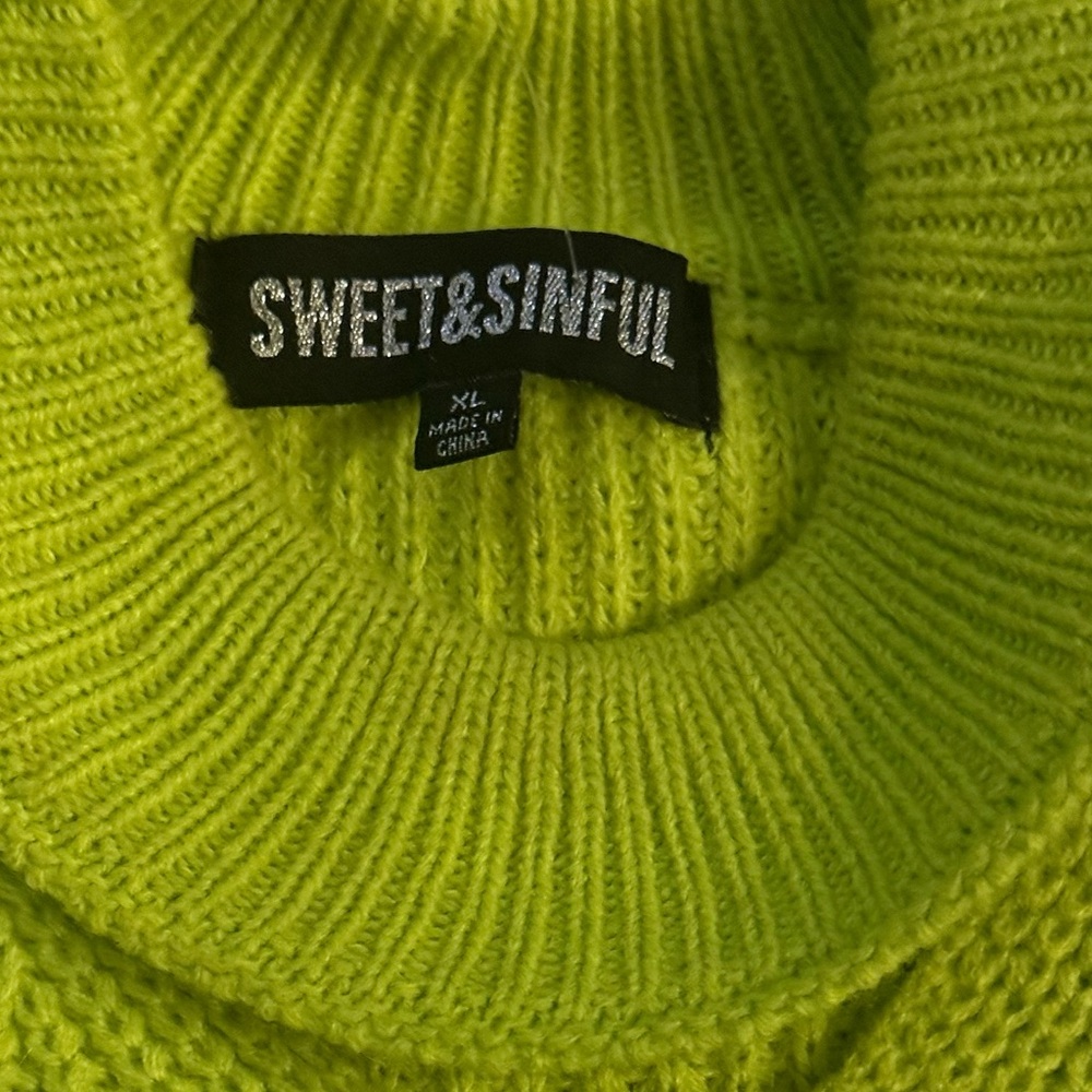 Sweet & Sinful Neon Green Distressed Knit Sweater XL  Cutout Oversized Pullover - Picture 3 of 6
